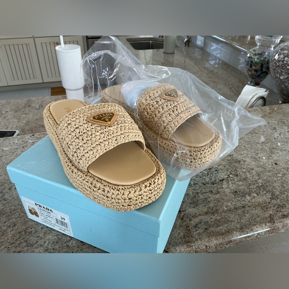 Prada Beige Raffia Slide Sandals